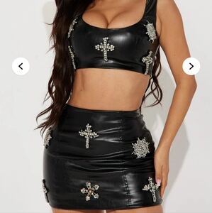 Black Embellished Crop Top And Matching skirt set